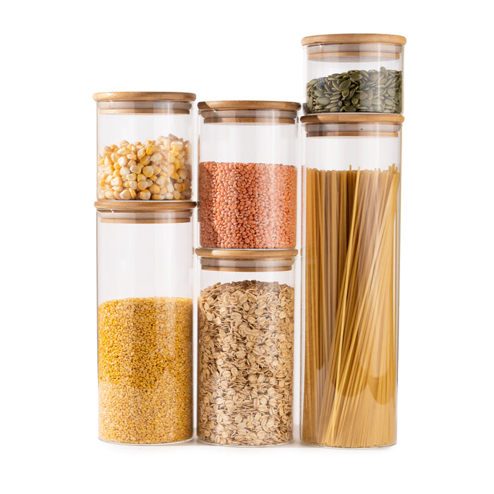 TAKISSO Pack of 6 Borosilicate Glass Jars with Airtight Bamboo Lids
