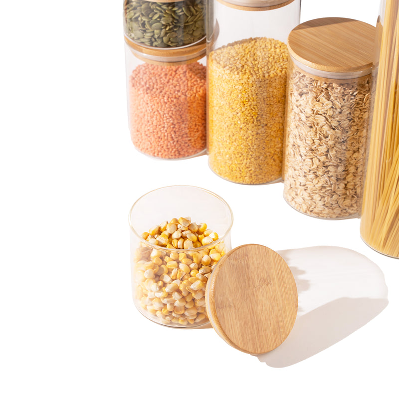 TAKISSO Pack of 6 Borosilicate Glass Jars with Airtight Bamboo Lids
