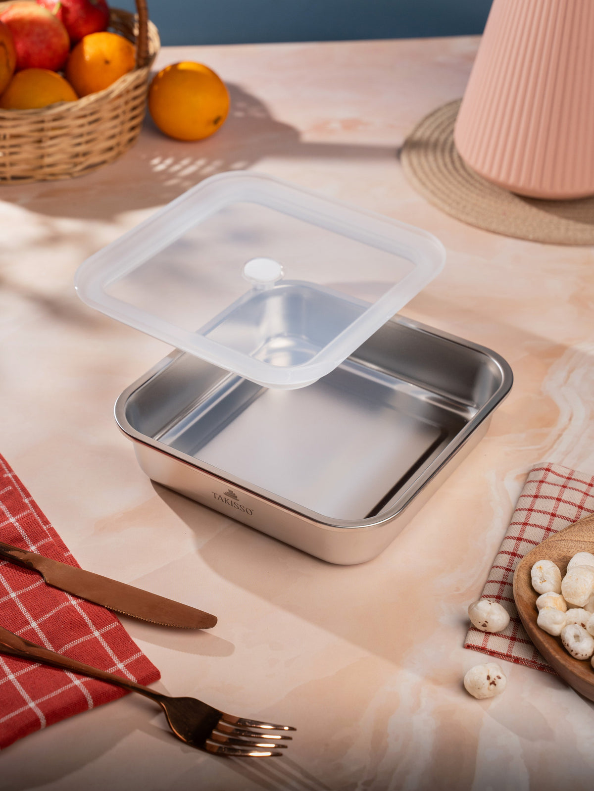TAKISSO Square - Flat - 1200ml Microwave Safe Container (With Push-Pull Airtight Mechanism)